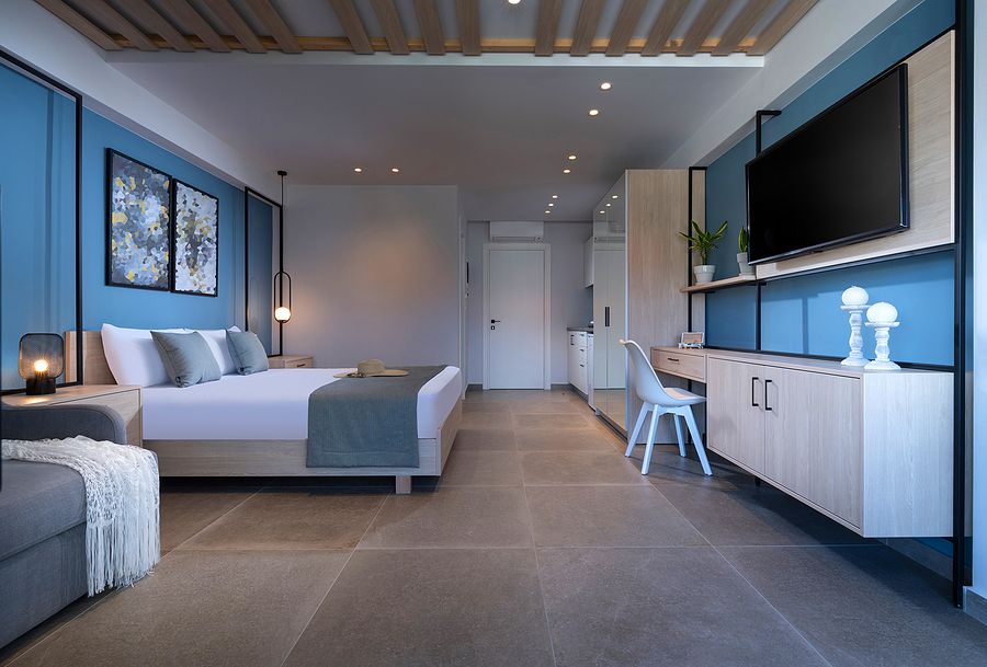 Modern Blue Interior Small Studio Apartment With Bedroom, Kitche